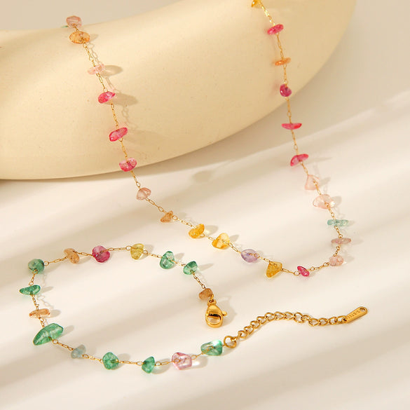 Women's Natural Stone And Stainless Steel Geometric Beaded Necklace With Electroplating Light Luxury Fashion Jewelry