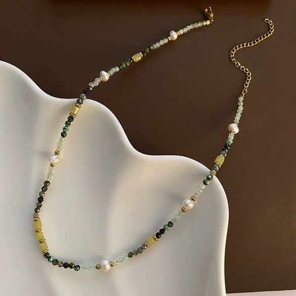 Women's Natural Stone And Titanium Steel Geometric Handmade Baroque Beaded Clavicle Chain Necklace