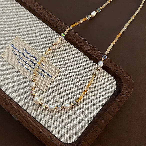 Women's Natural Stone And Titanium Steel Geometric Handmade Baroque Beaded Clavicle Chain Necklace