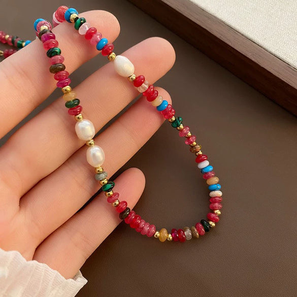 Women's Natural Stone And Titanium Steel Geometric Handmade Baroque Beaded Clavicle Chain Necklace