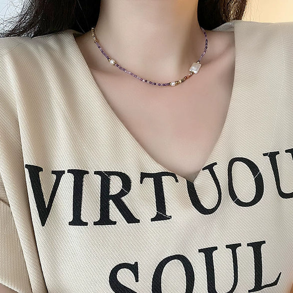 Women's Natural Stone And Titanium Steel Geometric Handmade Baroque Beaded Clavicle Chain Necklace
