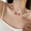Women's Natural Stone And Titanium Steel Geometric Handmade Baroque Beaded Clavicle Chain Necklace