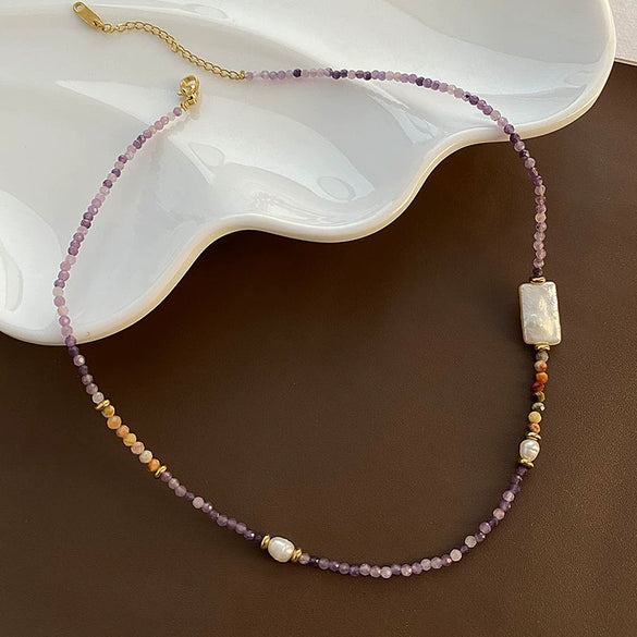 Women's Natural Stone And Titanium Steel Geometric Handmade Baroque Beaded Clavicle Chain Necklace