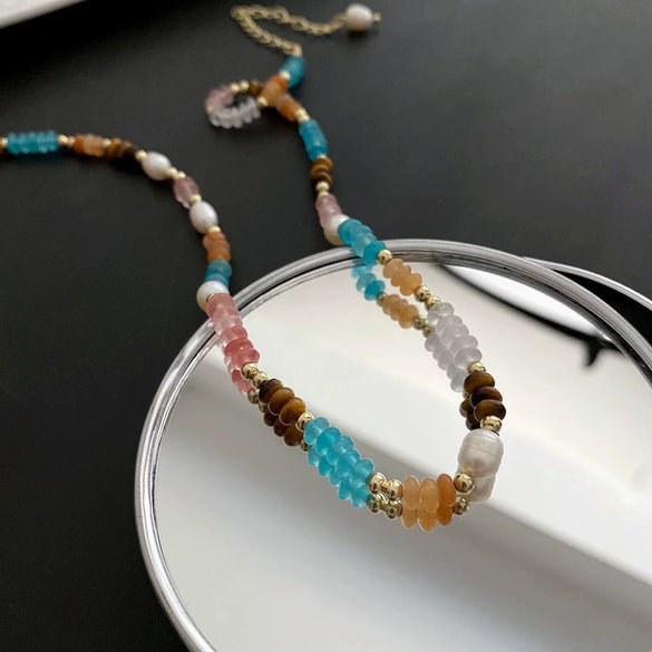 Women's Natural Stone And Titanium Steel Geometric Handmade Baroque Beaded Clavicle Chain Necklace