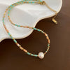 Women's Natural Stone And Titanium Steel Geometric Handmade Baroque Beaded Clavicle Chain Necklace