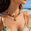 Women's Natural Stone Colorful Beaded Necklace With Heart Pendant And Ot Clasp Electroplated Metal Bead Chain Vacation Style Clavicle Necklace