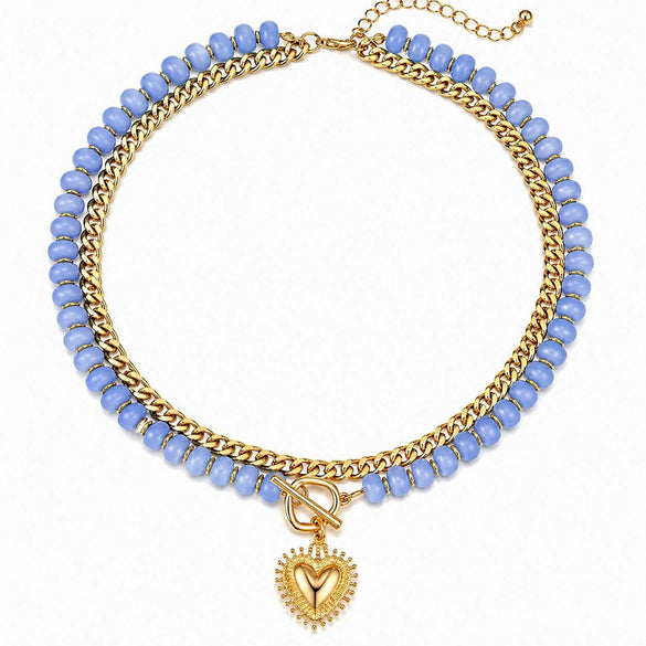 Women's Natural Stone Colorful Beaded Necklace With Heart Pendant And Ot Clasp Electroplated Metal Bead Chain Vacation Style Clavicle Necklace