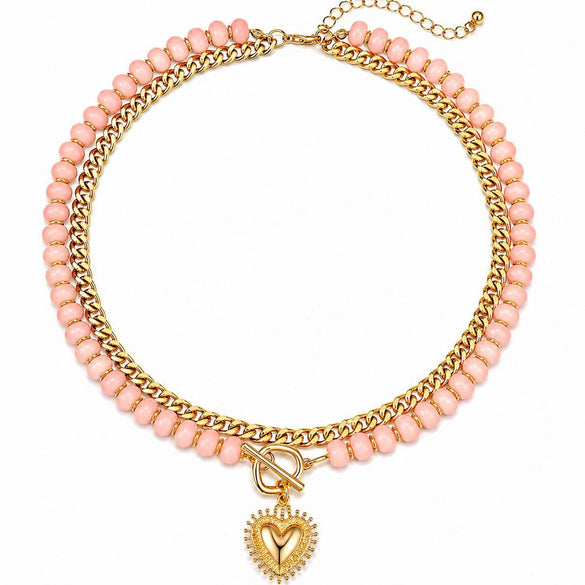 Women's Natural Stone Colorful Beaded Necklace With Heart Pendant And Ot Clasp Electroplated Metal Bead Chain Vacation Style Clavicle Necklace