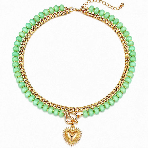 Women's Natural Stone Colorful Beaded Necklace With Heart Pendant And Ot Clasp Electroplated Metal Bead Chain Vacation Style Clavicle Necklace