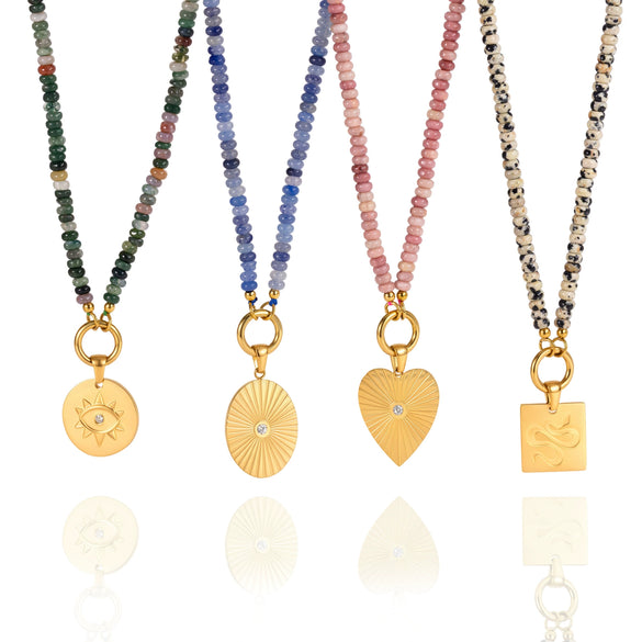 Women's Natural Stone Pendant Necklace In Stainless Steel With Geometric Design And Pvd Gold Plating