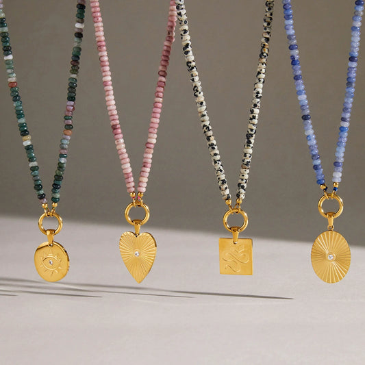 Women's Natural Stone Pendant Necklace In Stainless Steel With Geometric Design And Pvd Gold Plating