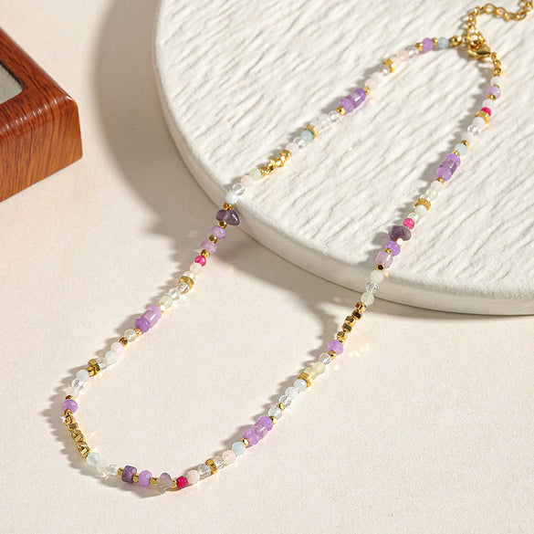 Women's Natural Stone Stainless Steel Beaded Clavicle Chain Necklace Handmade Geometric Design Light Luxury Little Fresh Style