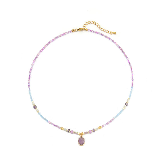 Women's Natural Stone Stainless Steel Beaded Clavicle Chain Necklace Handmade Geometric Design Light Luxury Little Fresh Style