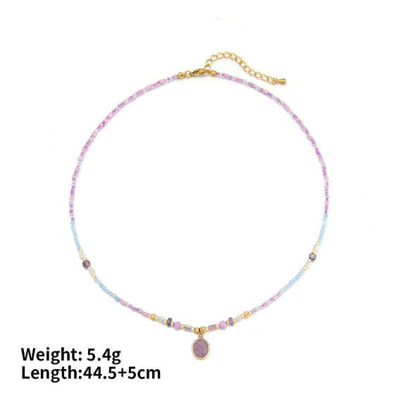 Women's Natural Stone Stainless Steel Beaded Clavicle Chain Necklace Handmade Geometric Design Light Luxury Little Fresh Style