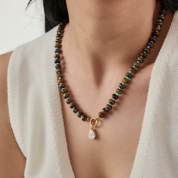 Women's Natural Stone Stainless Steel Geometric Pendant Necklace With Pvd Gold Plating And Lobster Clasp