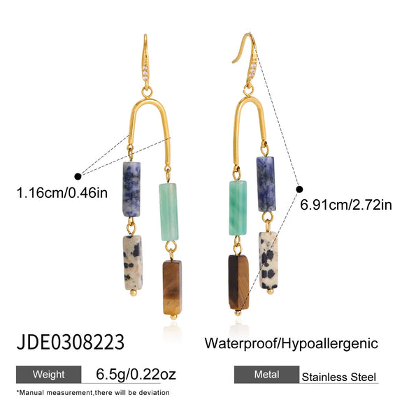 Women's Natural Stone Tassel Stainless Steel Earrings With Geometric Plated Design And Elegant Sparkling Detail