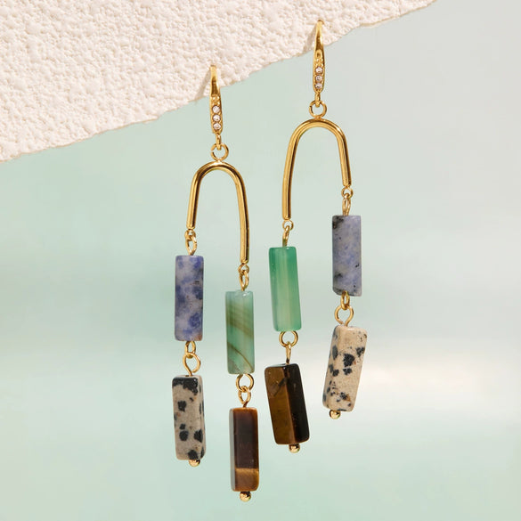 Women's Natural Stone Tassel Stainless Steel Earrings With Geometric Plated Design And Elegant Sparkling Detail