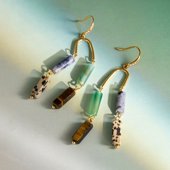 Women's Natural Stone Tassel Stainless Steel Earrings With Geometric Plated Design And Elegant Sparkling Detail
