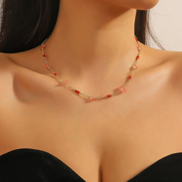 Women's Natural Stone Turquoise Beaded Bamboo Chain Clavicle Necklace With Wave Rhombus Geometric Pattern And Electroplating