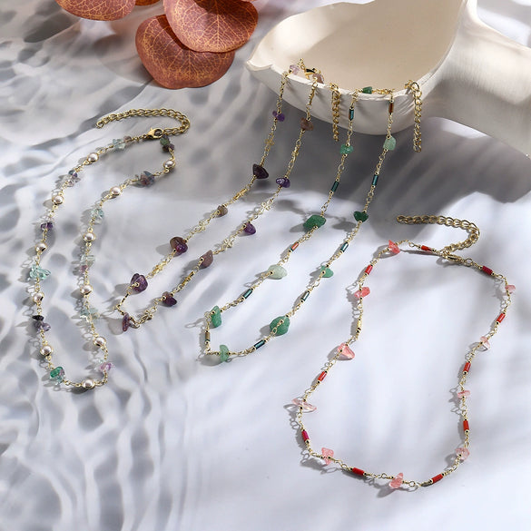 Women's Natural Stone Turquoise Beaded Bamboo Chain Clavicle Necklace With Wave Rhombus Geometric Pattern And Electroplating