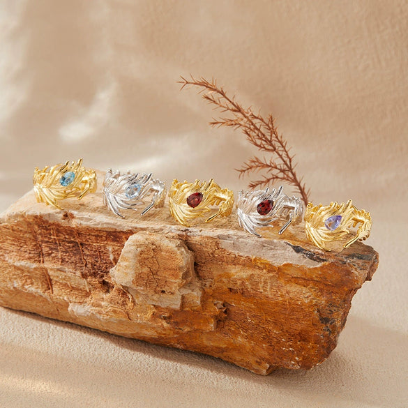 Women's Natural Tanzanite Topaz Garnet Gemstone Ring S925 Sterling Silver Feather Style Set With Gems