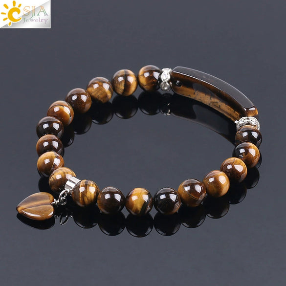 Women's Natural Tiger Eye Stone Beaded Bracelet With Woven Chain Pendant And Electroplated Rhinestone Detail