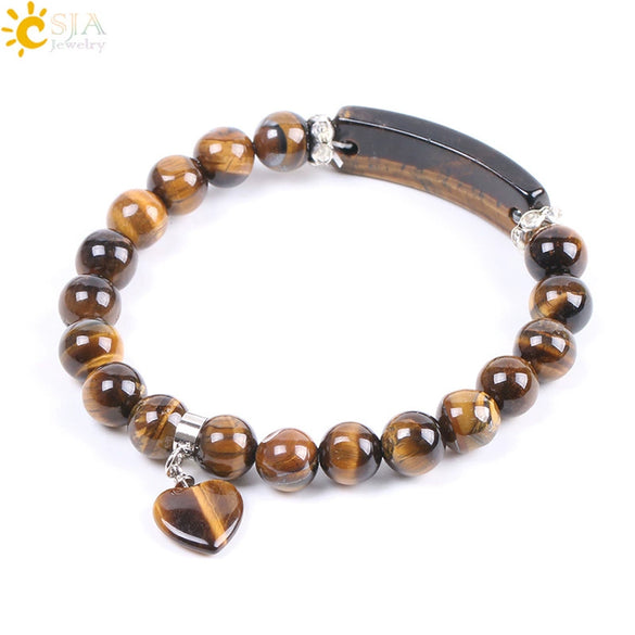 Women's Natural Tiger Eye Stone Beaded Bracelet With Woven Chain Pendant And Electroplated Rhinestone Detail