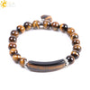 Women's Natural Tiger Eye Stone Beaded Bracelet With Woven Chain Pendant And Electroplated Rhinestone Detail