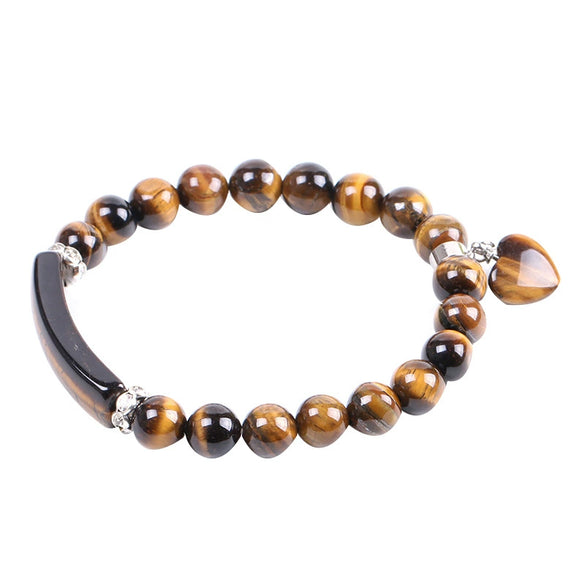 Women's Natural Tiger Eye Stone Beaded Bracelet With Woven Chain Pendant And Electroplated Rhinestone Detail