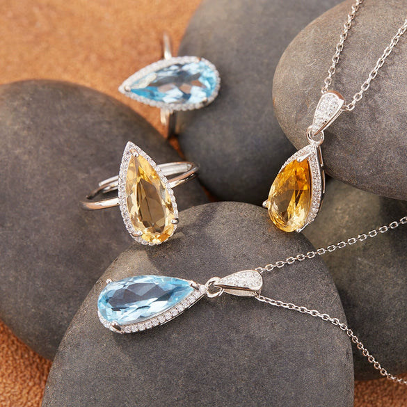 Women's Natural Topaz Citrine Dropshaped Necklace Set With Crystal In S925 Sterling Silver And Cross Chain