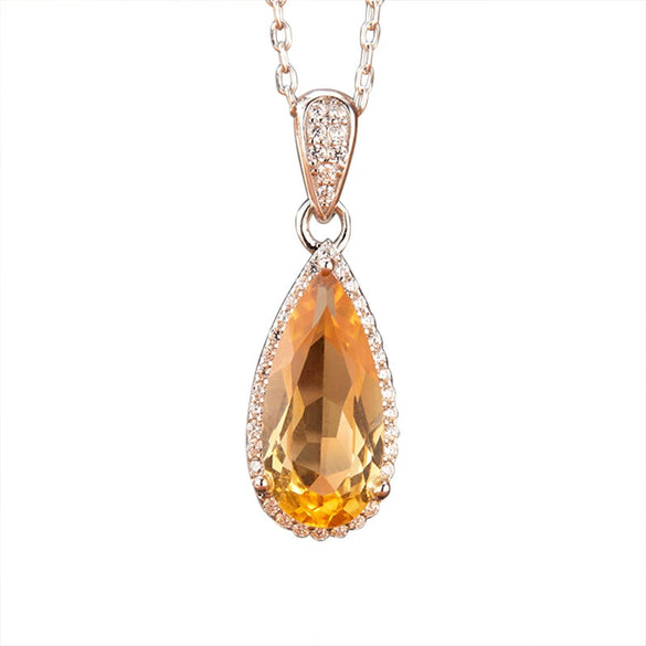 Women's Natural Topaz Citrine Dropshaped Necklace Set With Crystal In S925 Sterling Silver And Cross Chain