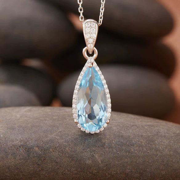 Women's Natural Topaz Citrine Dropshaped Necklace Set With Crystal In S925 Sterling Silver And Cross Chain