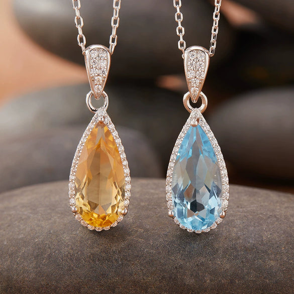 Women's Natural Topaz Citrine Dropshaped Necklace Set With Crystal In S925 Sterling Silver And Cross Chain
