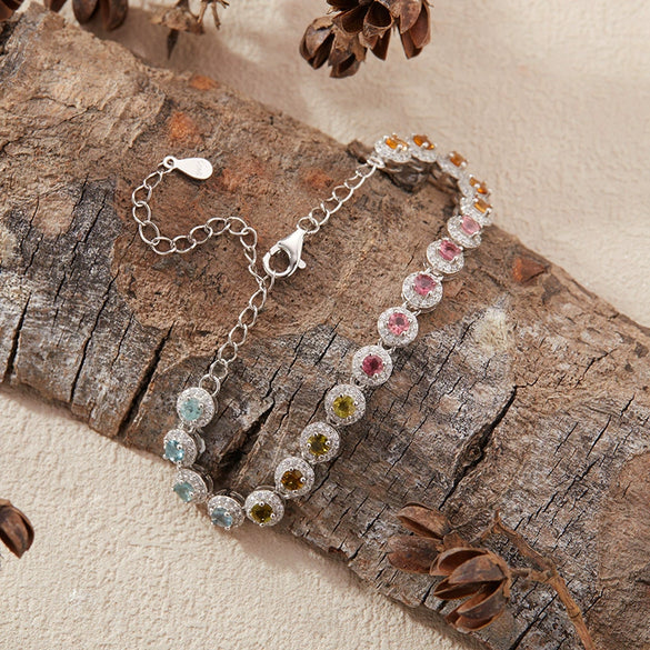 Women's Natural Tourmaline Bracelet S925 Sterling Silver Geometric Style Set With Gemstones