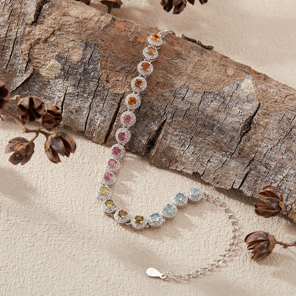 Women's Natural Tourmaline Bracelet S925 Sterling Silver Geometric Style Set With Gemstones