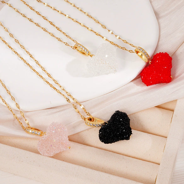 Women's Necklace Copper Heart Shape Pendant Mixed Gemstone Setting Electroplating Titanium Steel Chain