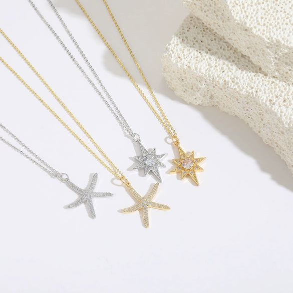Women's Necklace Starfish Zircon Micropaved Copper With Eightpointed Star Design Electroplated