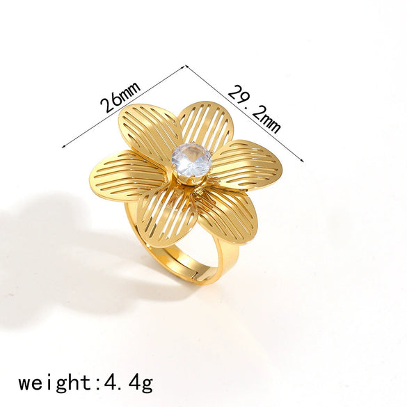 Women's Niche Geometric And Flower Hollow Titanium Steel Ring With Electroplating And Pearls