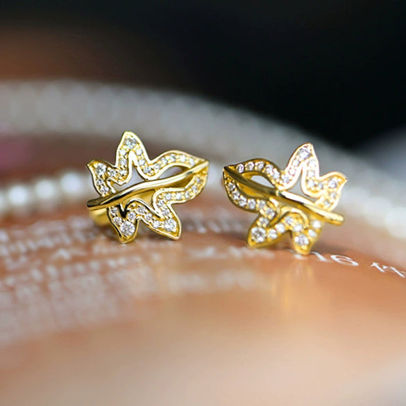 Women's Niche Jewelry Copper Leaf Ushaped Ear Buckle With Microinlaid Zircon