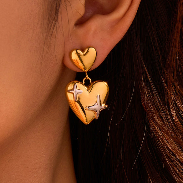 Women's Niche Personality Double Love Stainless Steel Heart Shape Electroplated Earrings
