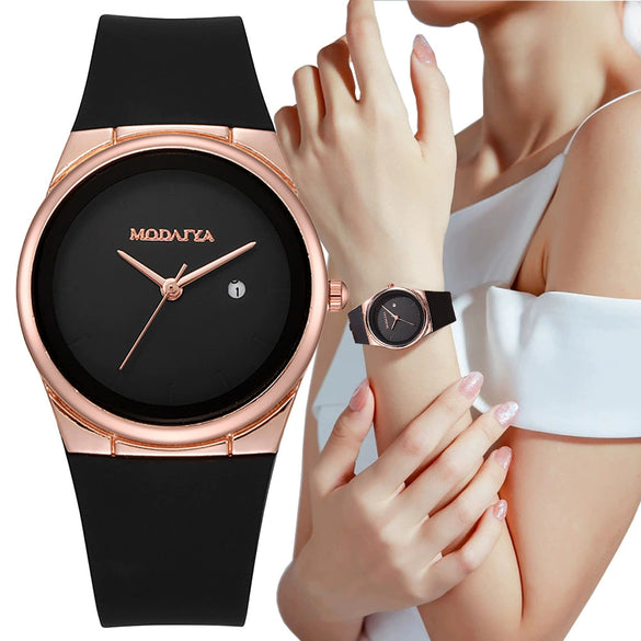 Women's Niche Quartz Watch Alloy Case Silicone Strap Stainless Steel Clasp Round Dial Leisure Style