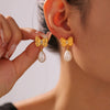 Women's Niche Style Bow Geometric Imitation Pearl Earrings 316L Stainless Steel 18K Gold Plated
