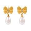 Women's Niche Style Bow Geometric Imitation Pearl Earrings 316L Stainless Steel 18K Gold Plated