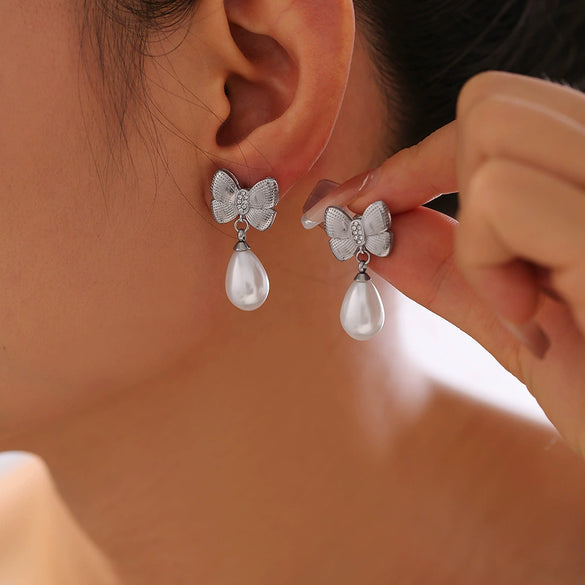 Women's Niche Style Bow Geometric Imitation Pearl Earrings 316L Stainless Steel 18K Gold Plated