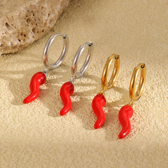 Women's Niche Style Geometric Stainless Steel 18K Gold Plated Red Enamel Chili Pepper Earrings