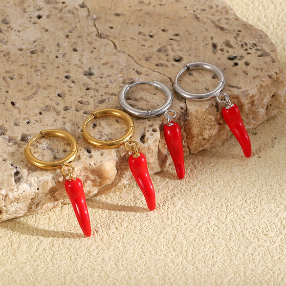 Women's Niche Style Geometric Stainless Steel 18K Gold Plated Red Enamel Chili Pepper Earrings