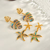 Women's Ocean Inspired Geometric Stainless Steel Earrings With 18K Gold Vacuum Plating Starfish And Leaf Design