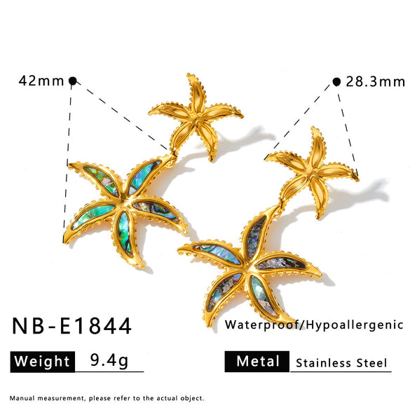 Women's Ocean Inspired Geometric Stainless Steel Earrings With 18K Gold Vacuum Plating Starfish And Leaf Design