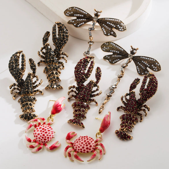 Women's Ocean Series S925 Silver Needle Earrings With Rhinestones And Set With Diamonds Featuring Lobster Dragonfly Crab Designs