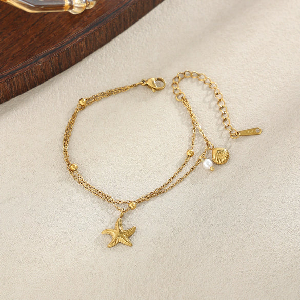 Women's Oceaninspired Stainless Steel Starfish And Scallop Shell Pendant Anklet With Imitation Pearl Doublelayer Chain
